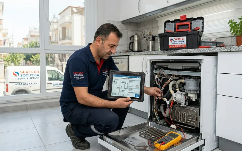Sertler Soğutma teknisyeni beyaz eşya arıza tespiti yapıyor