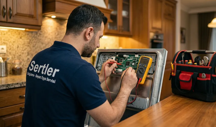 Sertler Soğutma teknisyeni beyaz eşya arıza tespiti yapıyor